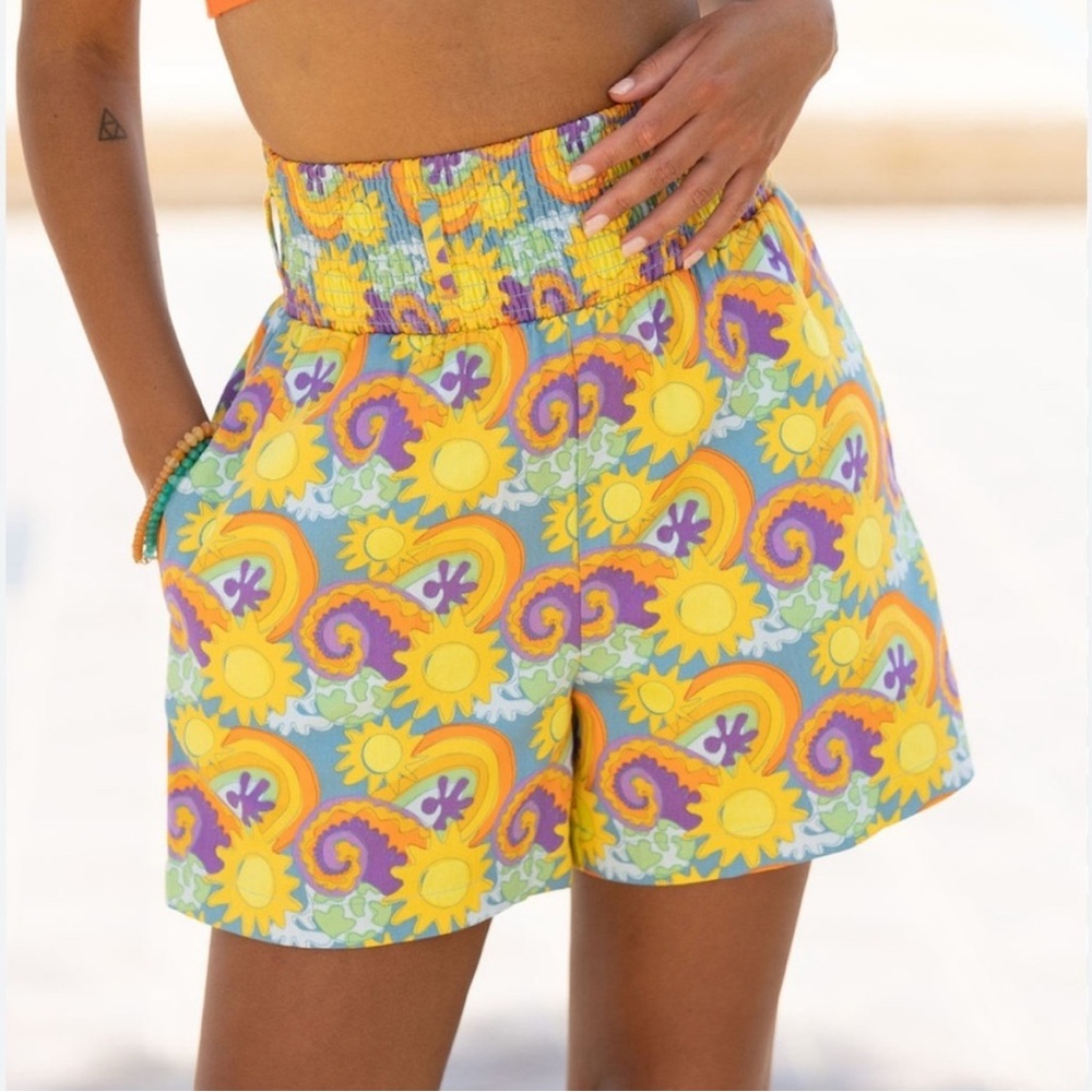 Lucy & Yak High Waist Shorts - Yellow and Purple Swirl